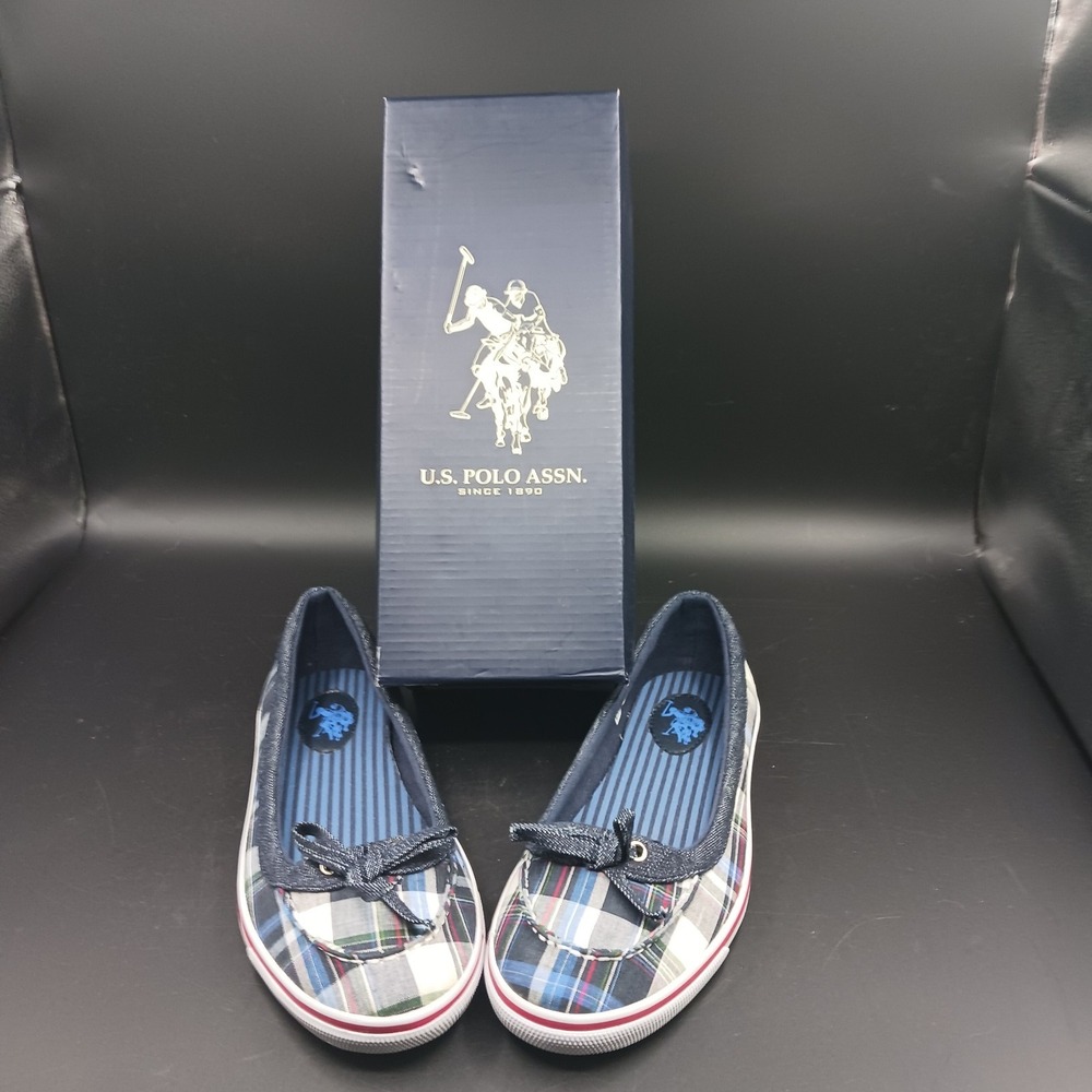 U.S. POLO ASSN  Women's Lyla Dark Blue Plaid flat w bow slip on shoes size 7 NWB